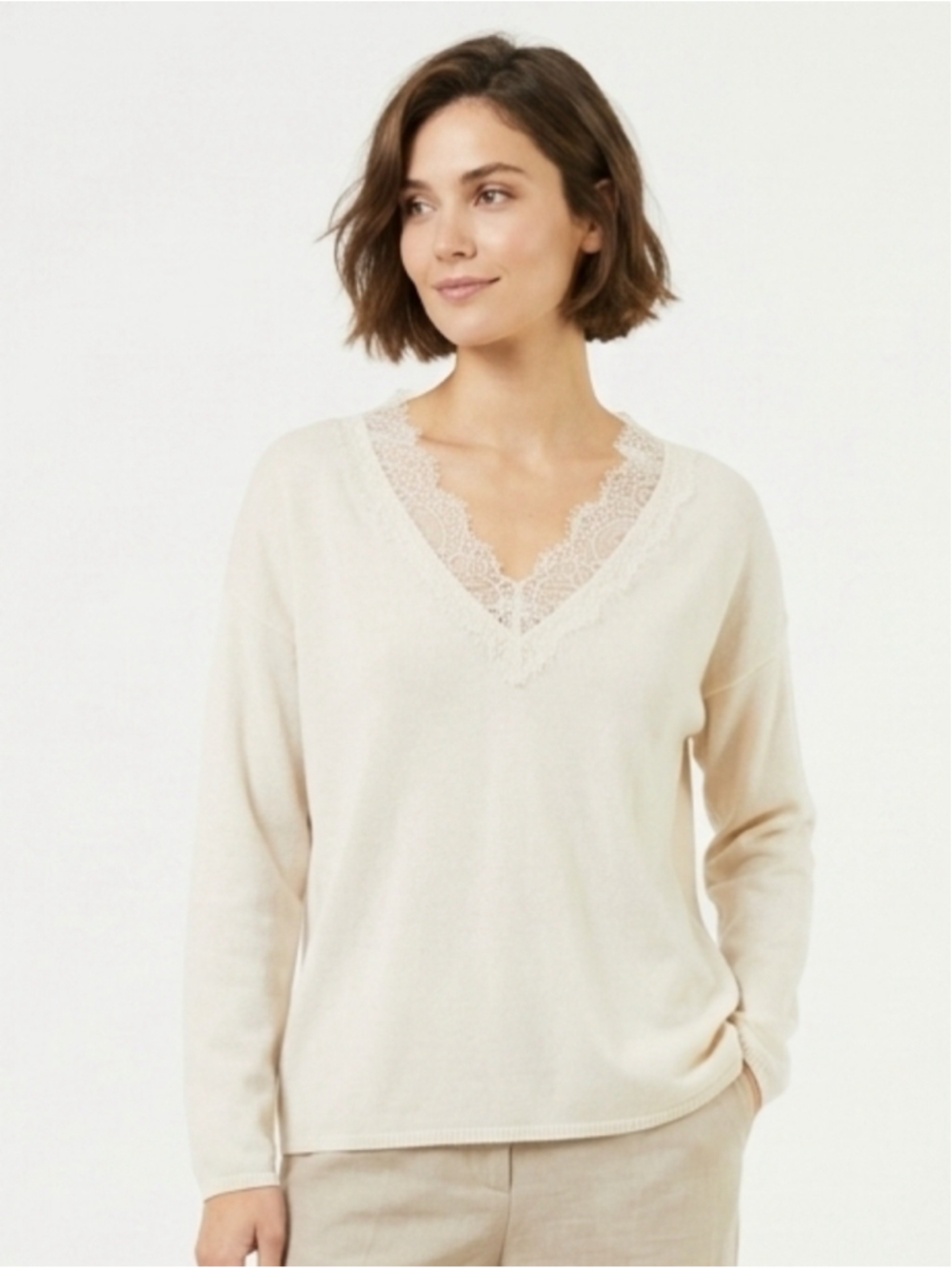 ZARA Women’s Cream Lace V-Neck Wool Blend Sweater - Size Medium - 935
